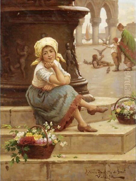 The Little Flower Seller Oil Painting by Antonio Paoletti