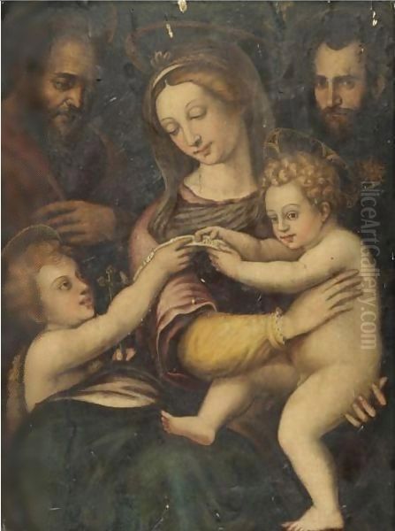 The Holy Family With The Infant Saint John The Baptist And Saint Nicholas Of Tolentino Oil Painting by Raphael (Raffaello Sanzio of Urbino)