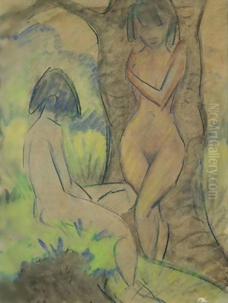 Two Girls, One Of Them Leaning Against A Tree, The Other One Sitting In The Grass by Otto Mueller