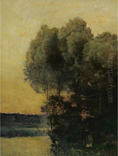 A Stroll Along The River Bank Oil Painting by Karl Pierre Daubigny