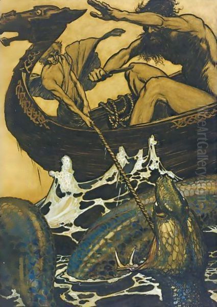 Sea Battle (Stories From The Edda) Oil Painting by Arthur Rackham