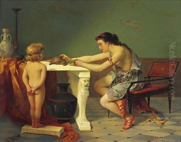 Feeding The Turtle Oil Painting by Pierre Oliver Joseph Coomans