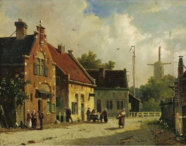 Village Street, Windmill In The Distance Oil Painting by Adrianus Eversen