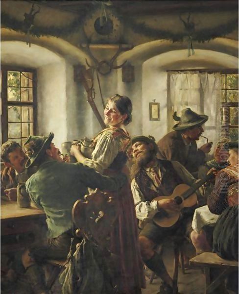 Inside A Bavarian Tavern Oil Painting by Emil Rau