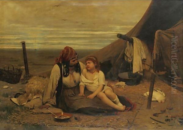 A Gypsy Family Oil Painting by Anton Kozakiewicz