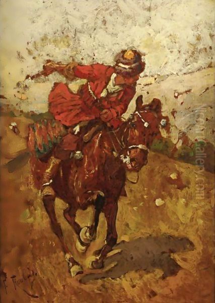 Cossack Horseman Oil Painting by Franz Roubaud