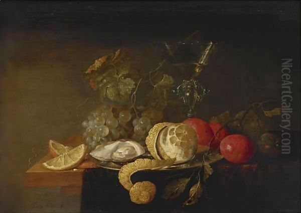 Still Life With A Peeled Lemon, Orange Slices, An Oyster, Plums, Grapes And A Facon-De-Venise Glass Filled Oil Painting by Jan Davidsz. De Heem