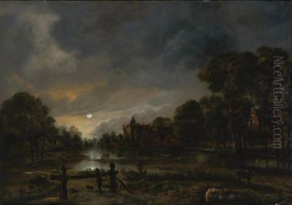 Moonlit River Landscape With Cottages On The Wooded Banks Oil Painting by Aert van der Neer