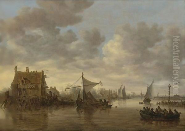 The Oude Wachthuis On The Kil Near Dordrecht With Small Ships And A Ferry Oil Painting by Jan van Goyen