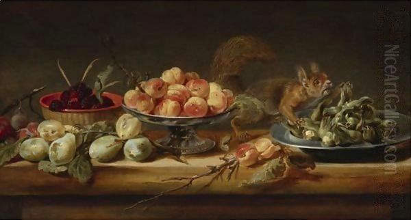 Still Life With Peaches In A Tazza, Hazelnuts On A Pewter Plate, Raspberries In A Basket, With Pears And A Squirrel On A Table Oil Painting by Frans Snyders