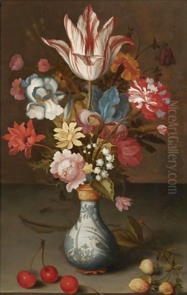 Still Life Of A 'Semper Augustus' Tulip, Irises, A Carnation And Other Flowers In A Wan-Li Vase Oil Painting by Balthasar Van Der Ast