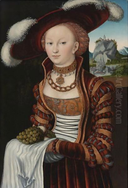 Portrait Of A Young Lady Holding Grapes And Apples Oil Painting by Lucas The Elder Cranach