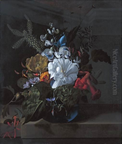 A Still Life With Devil's Trumpet, A Cactus, A Fig Branch, Honeysuckle And Other Flowers In A Blue Glass Vase Resting On A Ledge Oil Painting by Rachel Ruysch