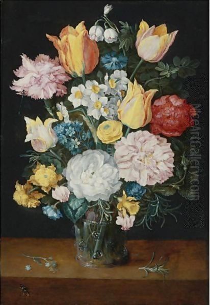 Still Life Of Tulips, Roses, Narcissus, Forget-Me-Nots, A Carnation And Other Flowers In A Glass Vase Oil Painting by Jan The Elder Brueghel