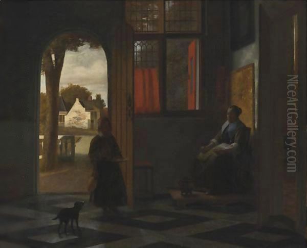 A Woman Seated By A Window With A Child In A Doorway Oil Painting by Pieter De Hooch