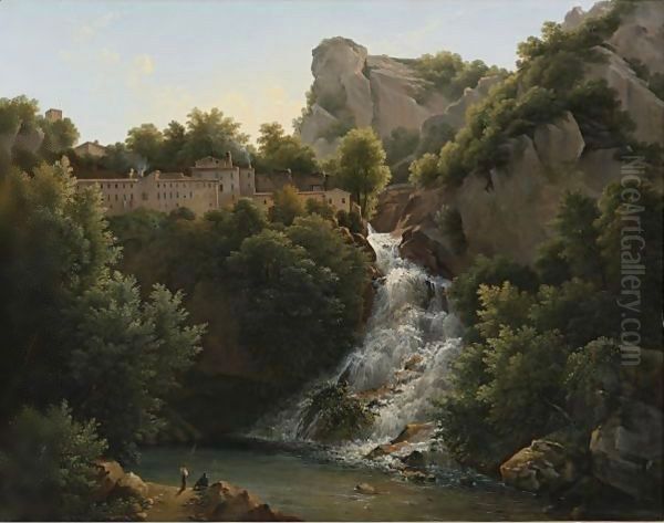 A Landscape With A Waterfall, A Mountain Village At The Edge Of The Cliff Oil Painting by Augustin Marius Paul Bec (Polydore De Bec)