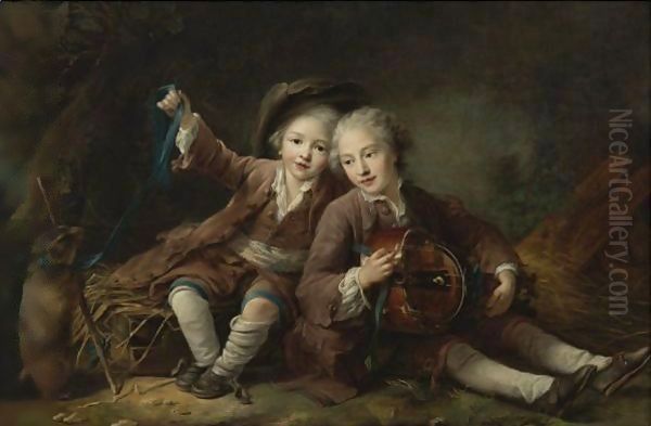 The Children Of The Duc De Bouillon Dressed As Montagnards Oil Painting by Francois-Hubert Drouais