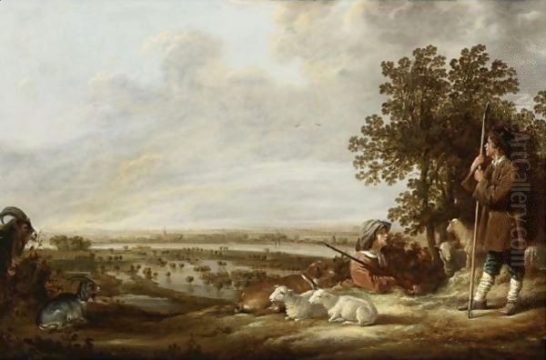 Flooded River Landscape With Two Shepherds And Their Flock Of Sheep And Goats Oil Painting by Aelbert Cuyp