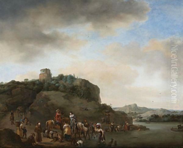 Landscape With A Hawking Party Stopped By A River Oil Painting by Philips Wouwerman