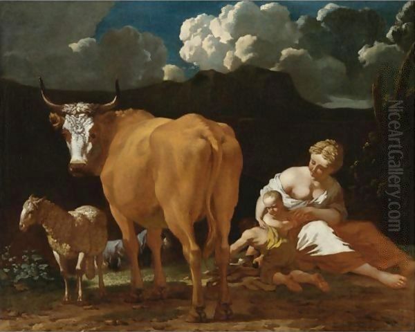 Italianate Landscape With A Woman, Two Children, A Bull, Sheep And A Dog Oil Painting by Karel Dujardin