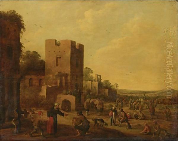 Landscape With Peasants Gathered Before Ruins Oil Painting by Joost Cornelisz. Droochsloot