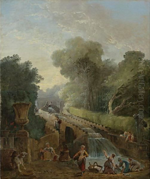 A View Of The Cascade At The Villa D'Este, Rome, With Women Washing Clothes At Its Base Oil Painting by Hubert Robert