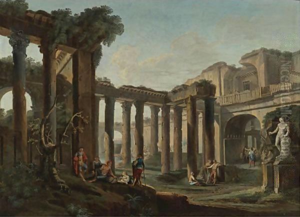 Figures Resting Among Roman Ruins Oil Painting by Hubert Robert