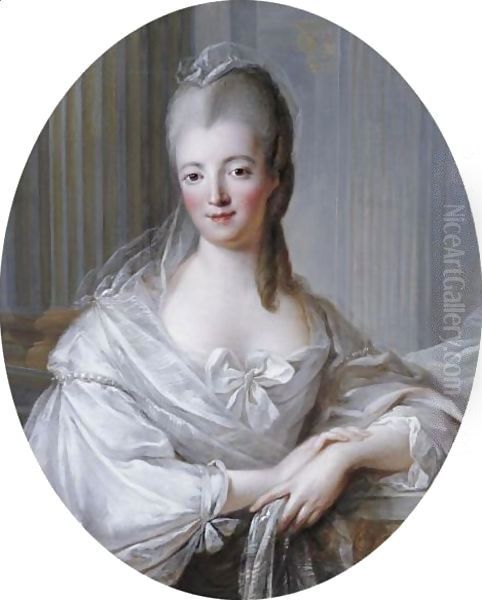 Portrait Of A Young Woman, Half-Length, Wearing A White Dress With A Large Bow Oil Painting by Francois-Hubert Drouais