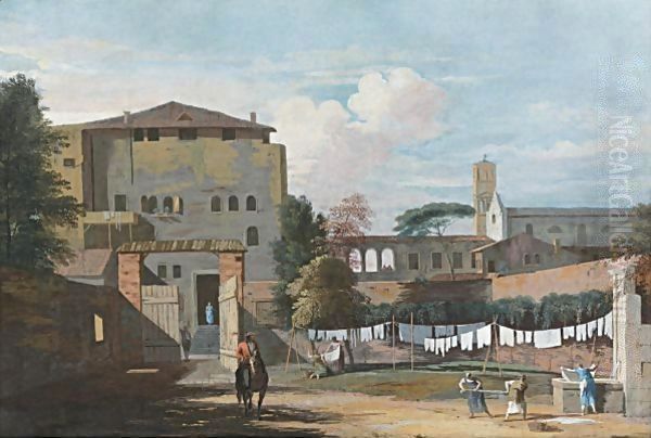 View Of An Italian Courtyard, With An Elegant Rider, And Women Hanging Washing By A Fountain Oil Painting by Marco Ricci