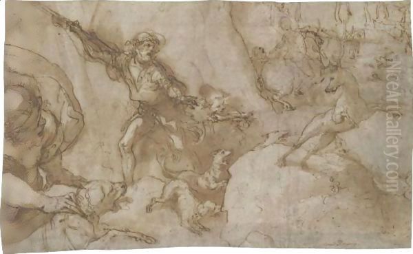 Hunting Scene Design For A Stage Curtain Oil Painting by Federico Zuccaro