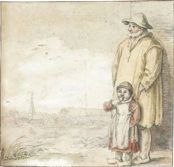 A Man And An Eating Child In A Landscape, A Village To The Left Oil Painting by Hendrick Avercamp