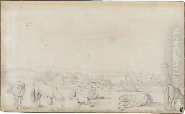 Horses In A Field Before A Town Oil Painting by Esaias Van De Velde