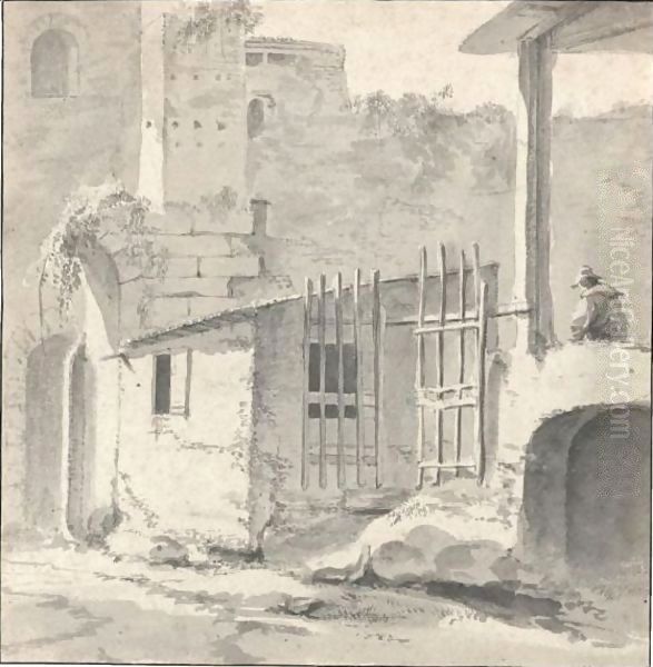 An Italian Courtyard With A Gateway And Seated Figure Oil Painting by Thomas Wyck