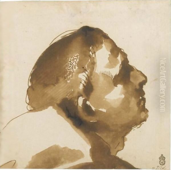 The Head Of A Man In Profile, Looking Up Oil Painting by Giovanni Francesco Barbieri