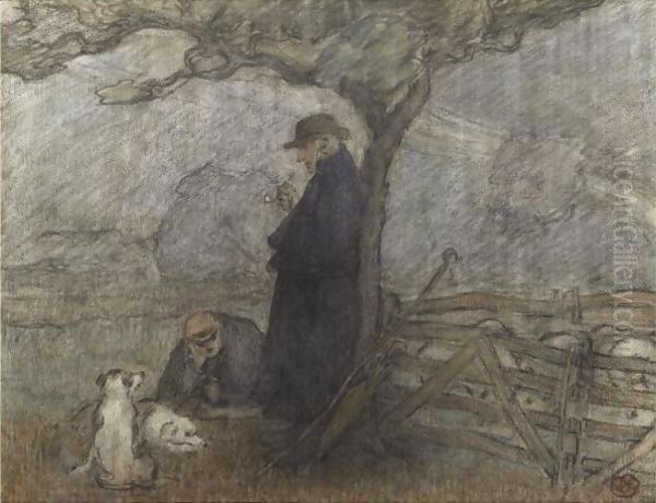 Shepherd And Dogs Under A Tree Oil Painting by Robert Polhill Bevan