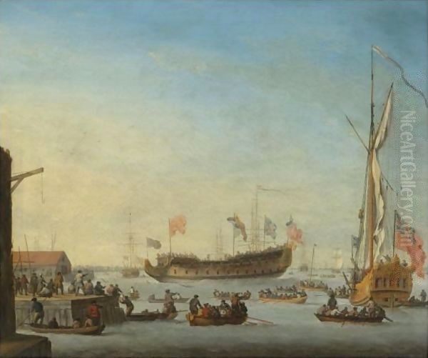 The Launch Of A Man Of War Oil Painting by Robert Woodcock