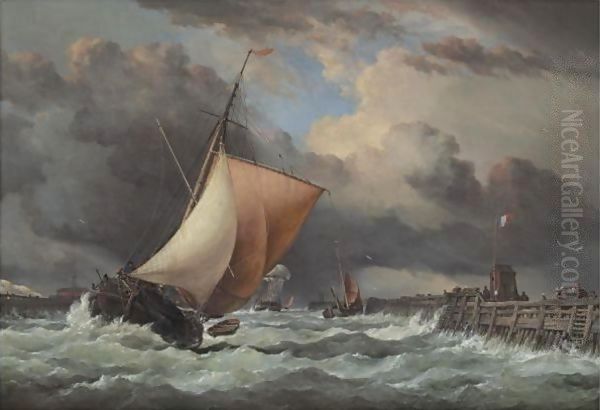 Calais Harbour, View Of Old Pier And Fort Rouge With Sloop Entering Oil Painting by Edward William Cooke