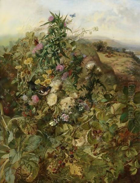 Wild Raspberries And Thistles Oil Painting by John Wainwright