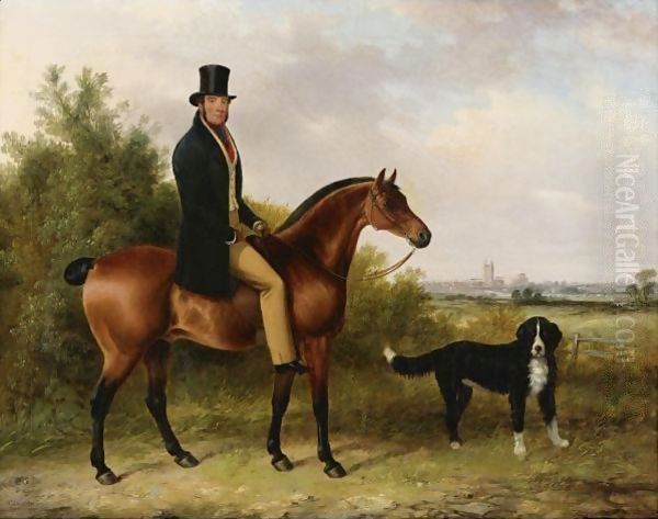 John Peale On His Favorite Hunter And A Dog Oil Painting by George Cole, Snr.