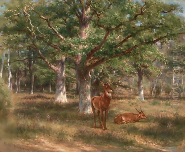 Two Deer In A Forest Glade Oil Painting by Rosa Bonheur