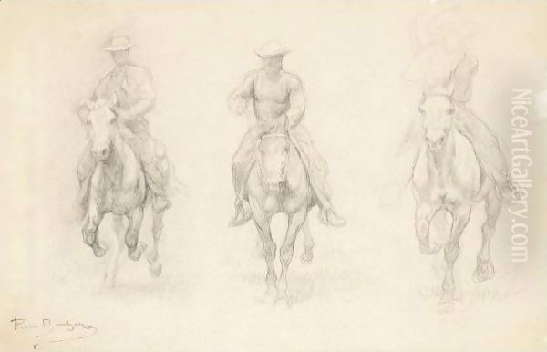 Study Of Three Men On Horseback (Possibly From The American West) Oil Painting by Rosa Bonheur