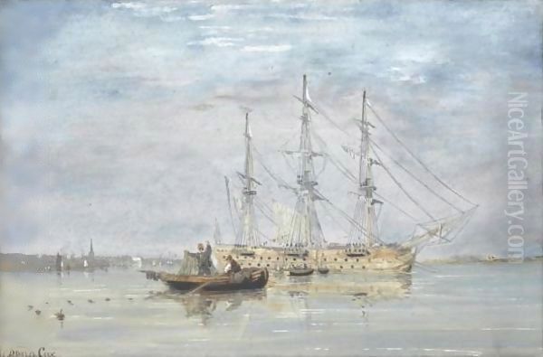 Fisherman Near A Three-Mastership In An Estuary, Chichester Beyond Oil Painting by David Cox