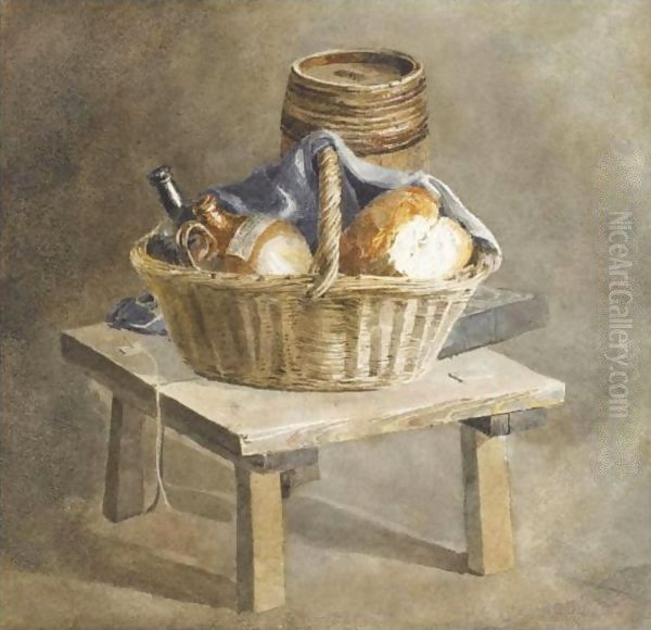 Still Life With Basket, Bread, Bottles And A Keg By A Table Oil Painting by Peter de Wint