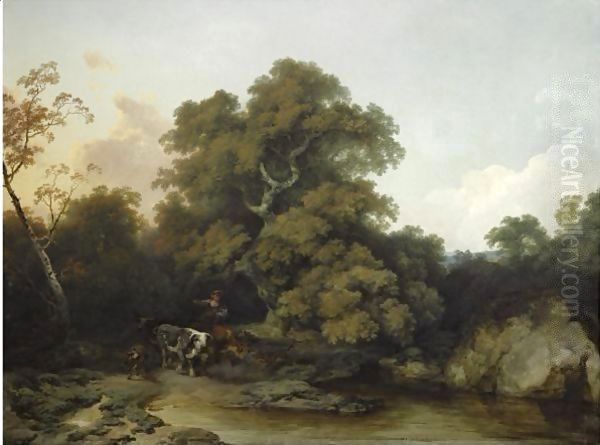 A Young Maid Watering The Cattle In A Wooded, River Landscape Oil Painting by Philip Jacques de Loutherbourg