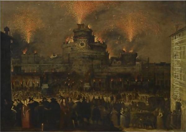 Rome, A View Of Castel Sant'Angelo With Figures Revelling Outdoors, With Fireworks And A Catherine Wheel Above Them Oil Painting by Louis de Caullery