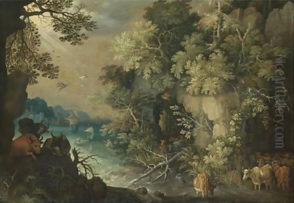 A Bosky Fluvial Landscape With Cattle Resting And Drinking Oil Painting by Roelandt Jacobsz Savery