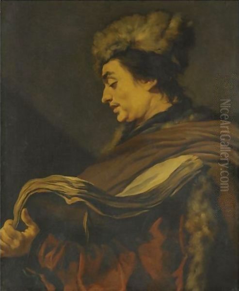 Profile Of A Man Wearing A Fur Hat And A Fur-Lined Coat, Holding A Book Oil Painting by Claude Vignon