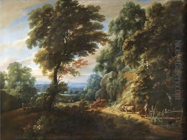 A Wooded Landscape With A Shepherdess Passing A Steep Bank, Probably On The Edge Of The Foret De Soignes Oil Painting by Jaques D'Arthois