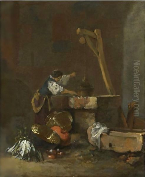 A Woman Pulling Water From A Well, A Pile Of Vegetables At Her Feet Oil Painting by Willem Kalf