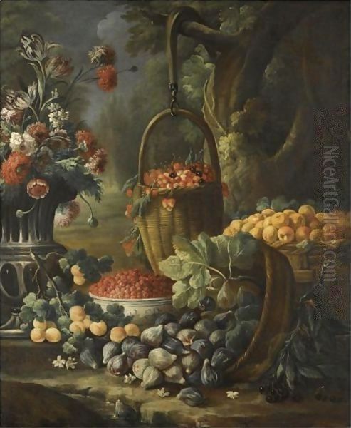 An Upturned Basket Of Figs, Together With Apricots, Other Fruit And Flowers In A Landscape Setting Oil Painting by Baldassare De Caro